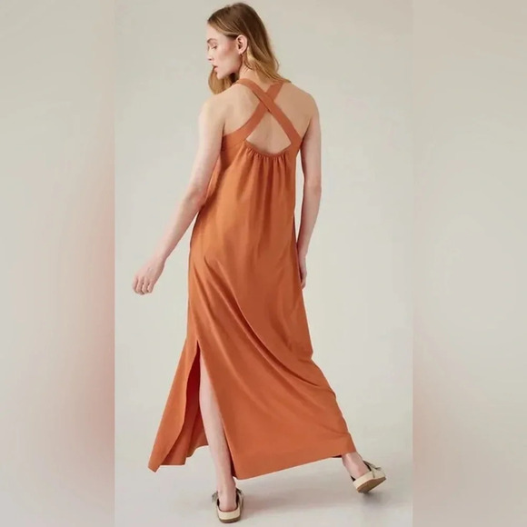 ATHLETA Sz L Arrival Wide  Straps Crossed Back Side Slit Stretchy Maxi Dress - Picture 2 of 13